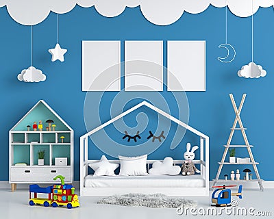 Three empty photo frame for mockup in blue child bedroom Stock Photo
