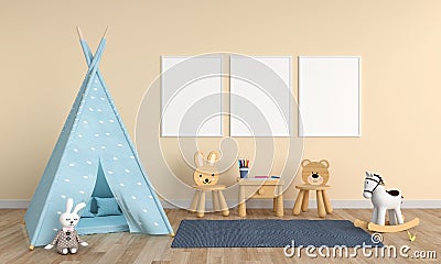 Three empty photo frame for mockup in child room, 3D rendering Stock Photo