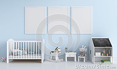 Three empty photo frame for mockup in child room, 3D rendering Stock Photo