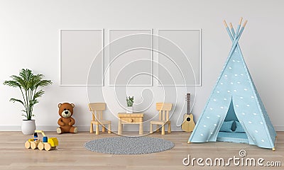 Three empty photo frame for mockup in child room, 3D rendering Stock Photo