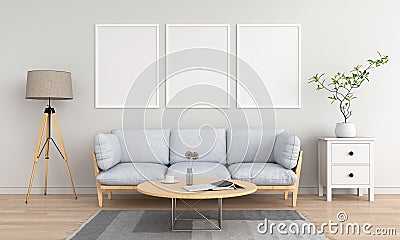 Three empty photo frame for mockup in living room, 3D rendering Stock Photo