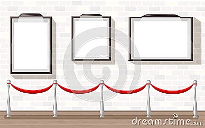 Three empty picture frames with stanchion museum exhibition background illustration Cartoon Illustration