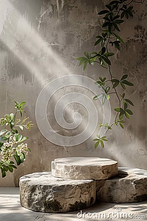 Three empty product podium. Mockup with three stone, copy space, vertical. Generative AI Stock Photo