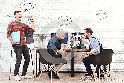 Three engineers work with a 3d printer in a modern laboratory. They have conversational clouds over their heads. Stock Photo