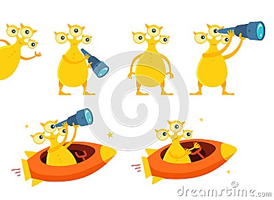 Three-eyed yellow alien UFO character set. With telescope search. On flying saucer in space. Flat color vector Vector Illustration