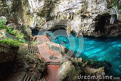 Three eyes cave in Santo Domingo, los Tres Ojos national park, Dominican Republic. Outdoor travel background Stock Photo