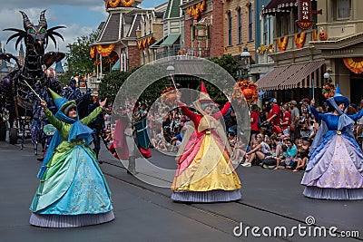 Three Fairies of Sleeping Beauty in Disney Festival of Fantasy Parade at Magic Kigndom 1 Editorial Stock Photo