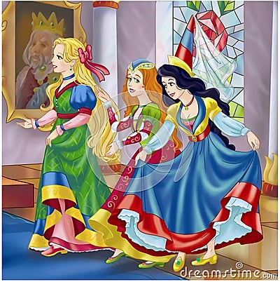 Three fairytale princesses Cartoon Illustration