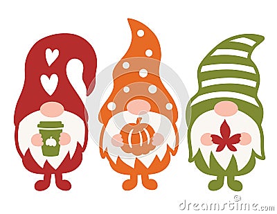 Three Fall Gnomes Holding Pumpkin, Maple Leaf, and Coffee Vector Illustration Vector Illustration