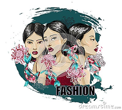 Three fashion Japanese girl with flowers on grunge background. For poster or design t-shirt. Vector Illustration