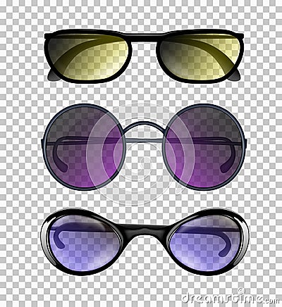 Three fashionable elegant man or woman realistic glasses isolated on the transparent background. Frontal view with bows. Vector Cartoon Illustration