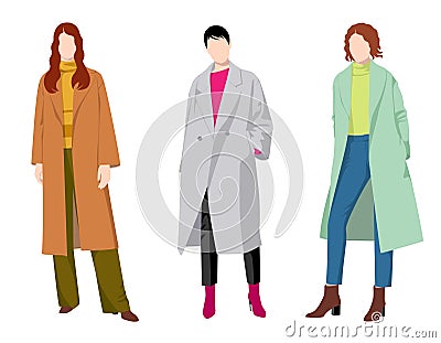 Three fashionable women dressed in various fashionable clothes, isolated on white background Vector Illustration