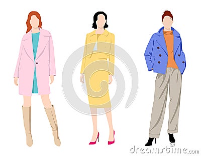Three fashionable women dressed in various fashionable clothes, isolated on white background Vector Illustration