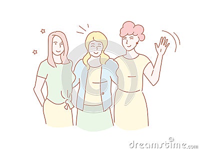 Three female friends arm in arm Hugging, friendship Vector. Line art Isolated art on white background. Flat Vector Illustration