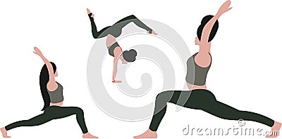 Three various European woman in position yoga pose Indian East Asana Vector Illustration