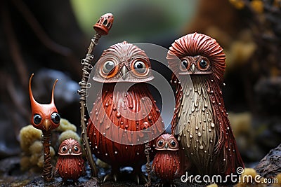 Three figurines of owls sitting on a rock Stock Photo
