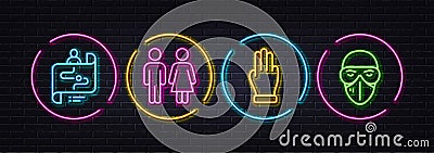 Three fingers, Journey path and Restroom minimal line icons. For web application, printing. Neon laser 3d lights Vector Vector Illustration