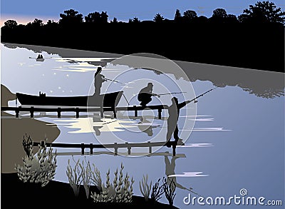 Three fishermen near river Vector Illustration