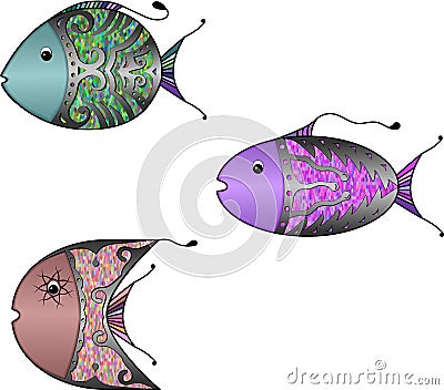 Three fishes with a beautiful ornament Vector Illustration