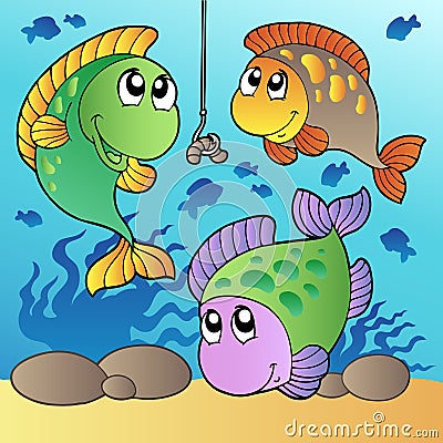Three fishes and fishing hook Vector Illustration