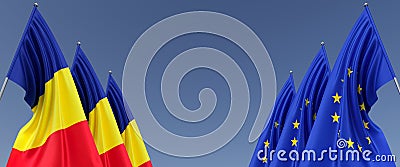 Three flags of European Union and Romania on flagpoles on the sides. Flags on a blue background. Place for text. EU, Europe. Cartoon Illustration