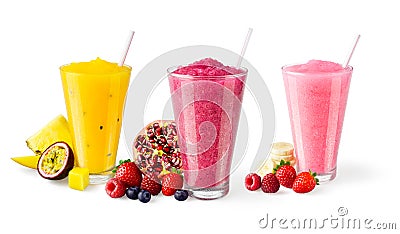 Three Flavors of Blended Fruit Smoothies on White Background Stock Photo