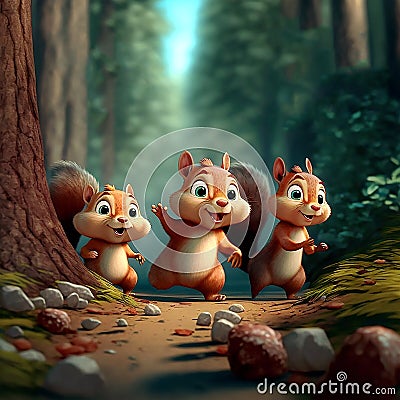Three fluffy red squirrel running in the forest, childish cartoon character, 3d rendering. Raster digital art. Stock Photo