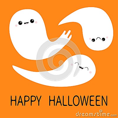 Three flying ghost spirit set. Happy Halloween. Scary white ghosts family. Cute cartoon spooky character. Smiling face, cheeks. Or Vector Illustration