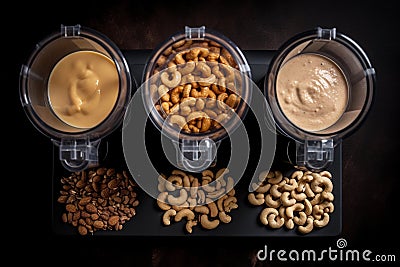 Processing nuts into vegan sauces and cheeses Three food containers with cashews and a peanut butter blender on top. AI generation Stock Photo