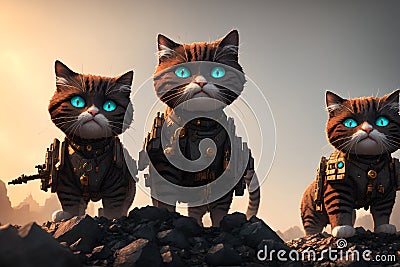 Three formidable and elite cats in full tactical gear on a mission in a city of ruins, AI generated Cartoon Illustration