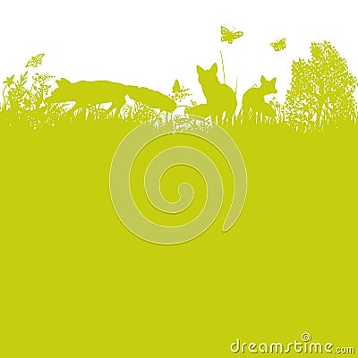 Three foxes in the meadow Vector Illustration