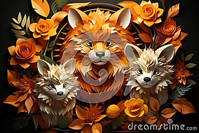 three foxes surrounded by flowers on a black background Stock Photo