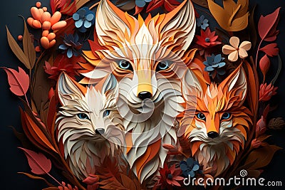 three foxes in a wreath of flowers on a dark background Stock Photo