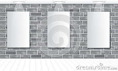 Three frames on the gray brick wall for your advertisement. Ligh Vector Illustration