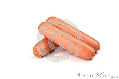 Three fresh boiled sausages on white background Stock Photo