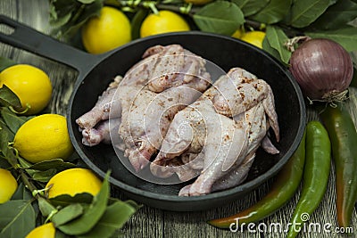 Three fresh raw chicken on a wooden tray with lemon and chilli on the wooden background Stock Photo