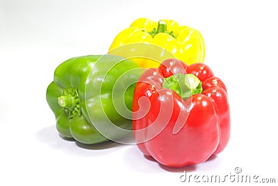 Three fresh sweet peppers on white background Stock Photo