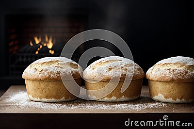 Three freshly baked breads on a cutting board with a fireplace in the background. Stock Photo