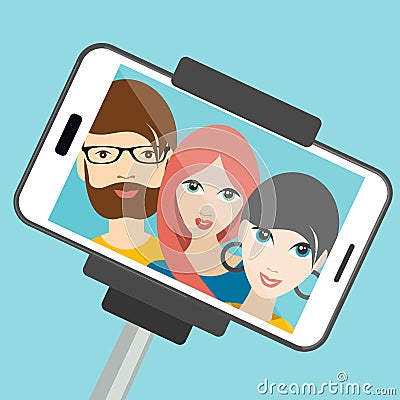 Three friends making summer selfie photo. Vector Illustration