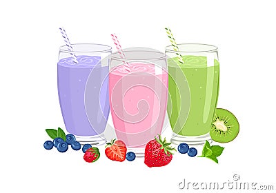 Three fruit smoothies in glasses and fresh strawberry, blueberry, kiwi. Healthy food concept. Vector Illustration