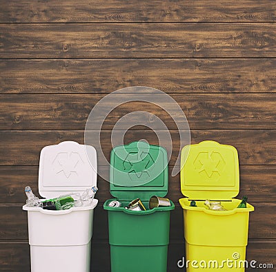 Three full dustbins for sorting trash Stock Photo