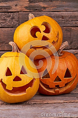 Three funny Halloween pumpkins. Stock Photo