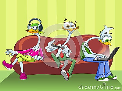 Three funny ostrich on the sofa. Stock Photo