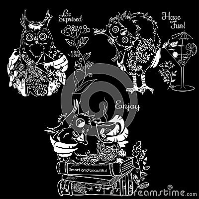 Three funny owls Vector Illustration