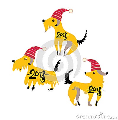 Three funny yellow dogs In red festive caps. Cartoon Illustration