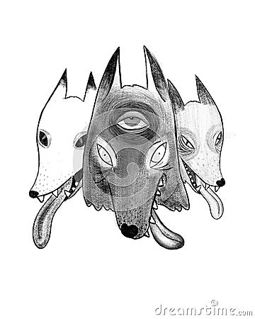 Three furry wild wolves with tongues Cartoon Illustration