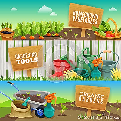 Three Gardening Horizontal Banners Vector Illustration