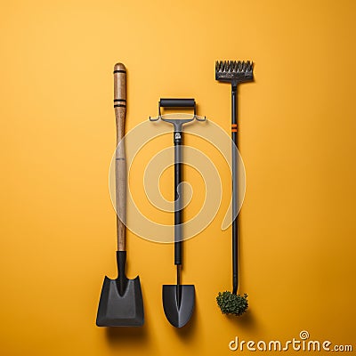 three gardening tools on an orange background Stock Photo