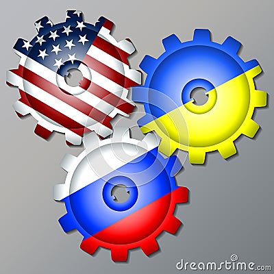 Three gear wheels, painted in the colors of the flag of Russia, Ukraine and the USA Vector Illustration