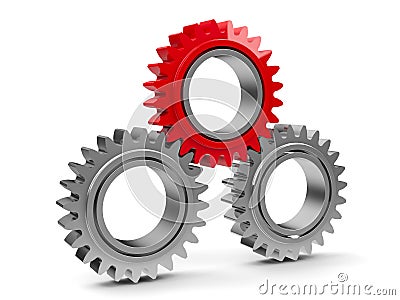 Three gears with red gear Stock Photo